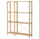 An IVAR natural wooden bookshelf with four adjustable shelves and an x-shaped metal brace for stability.