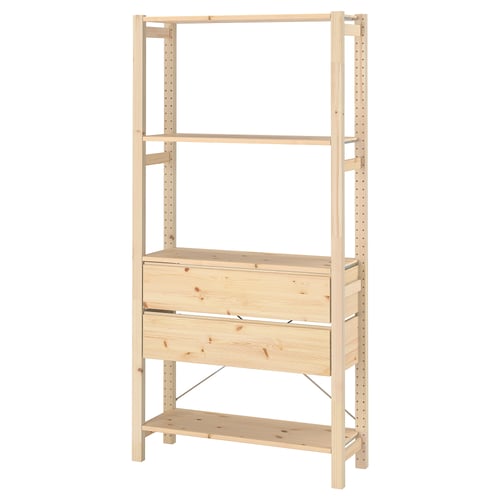 IVAR light wood shelving unit, rectangular shape with adjustable shelves, simple flat design.