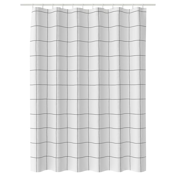 White JÄMTSTARR shower curtain with dark grey grid, recycled polyester, water-repellent, rod pocket, scalloped edge.
