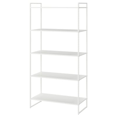 White JONAXEL 4-tier metal shelving unit for storage.