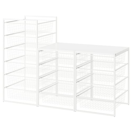 A white JONAXEL metal storage unit featuring multiple shelves and wire baskets, designed for organising items efficiently.