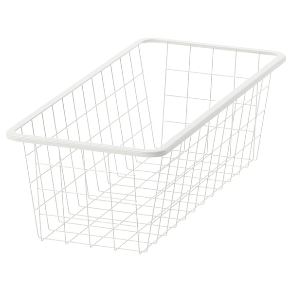 A white JONAXEL wire storage basket. Its rectangular, with a grid design, suitable for storing clothes or accessories.
