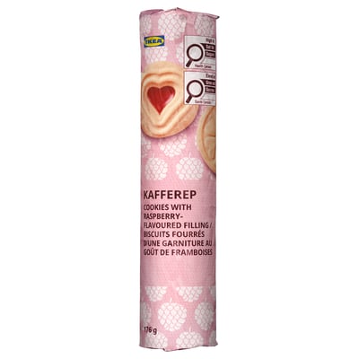 Cylinder-shaped cookie tin labelled IKEA KAFFEREP with raspberry-flavored filling; 176g.