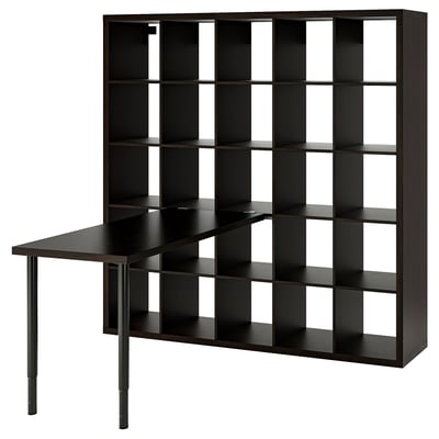 KALLAX: black cube shelving with attached desk, modern and minimalist.