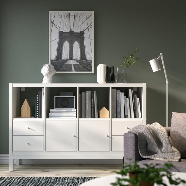 KALLAX Shelving unit with underframe, with 2 doors/4 drawers/white, 57 7/8x37 "