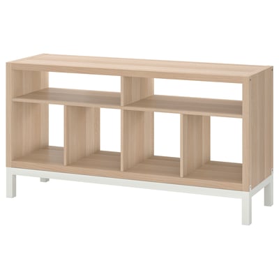 KALLAX light wood tv bench with open shelves and metal legs.
