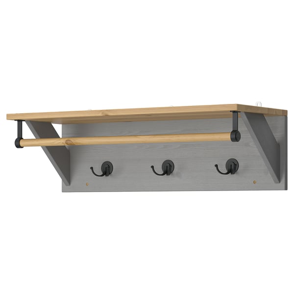 KALLSÖ wall hanger: grey-stained wood, 3 hooks, clothes rail, classic design.