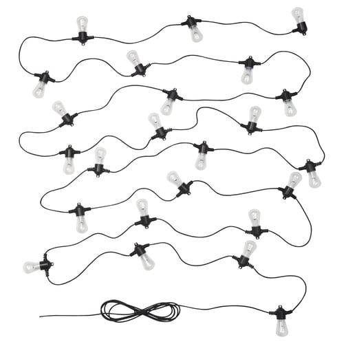 Black KASTTÅG string lights with 32 clear bulbs. Perfect for outdoor decor.