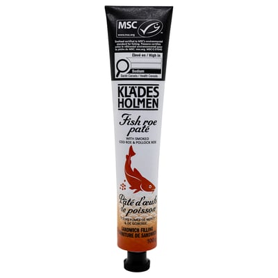 Tube of klädesholmen fish roe pate, red fish illustration, labelled msc certified, sodium content noted.