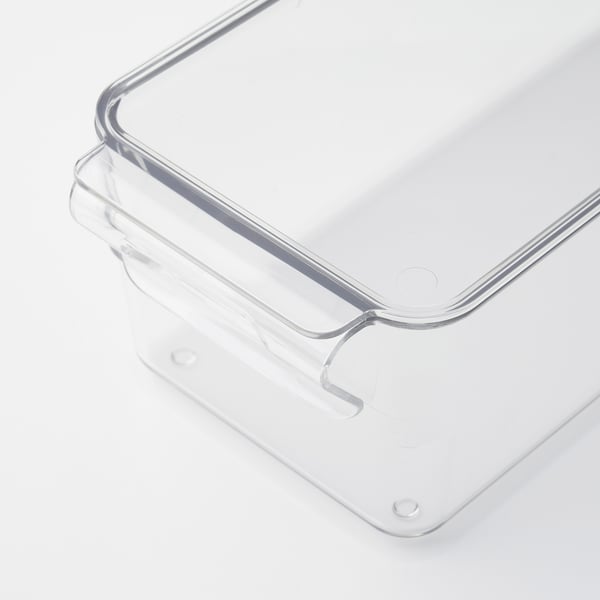 Clear, transparent plastic storage box with a built-in handle and snap-on lid, shown in pristine condition.