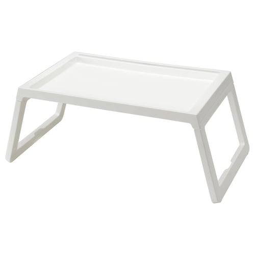 KLIPSK white plastic folding bed tray, rectangular shape, modern design.