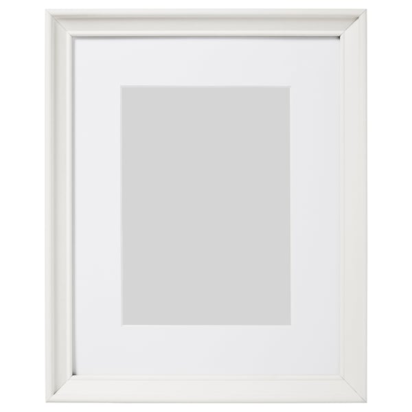 Knoppang white picture frame, square, with thin edge. Hangs or stands, safe plastic front.