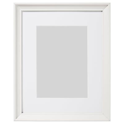 Knoppang white picture frame, square, with thin edge. Hangs or stands, safe plastic front.