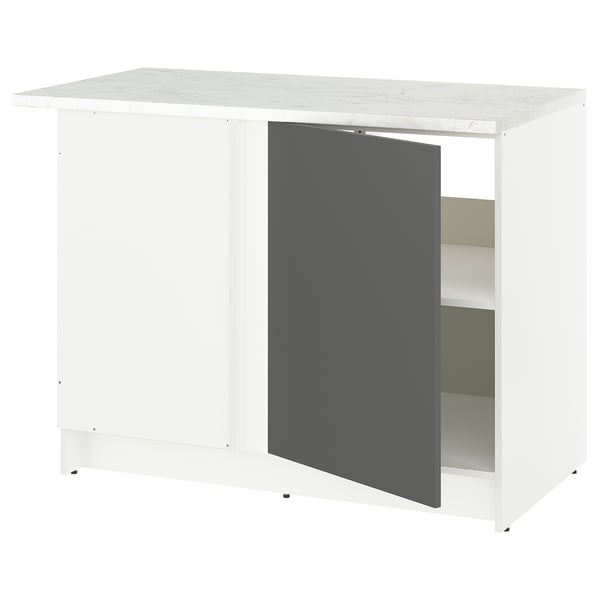 A white KNOXHULT kitchen base unit with a dark grey door and a marble-patterned top.