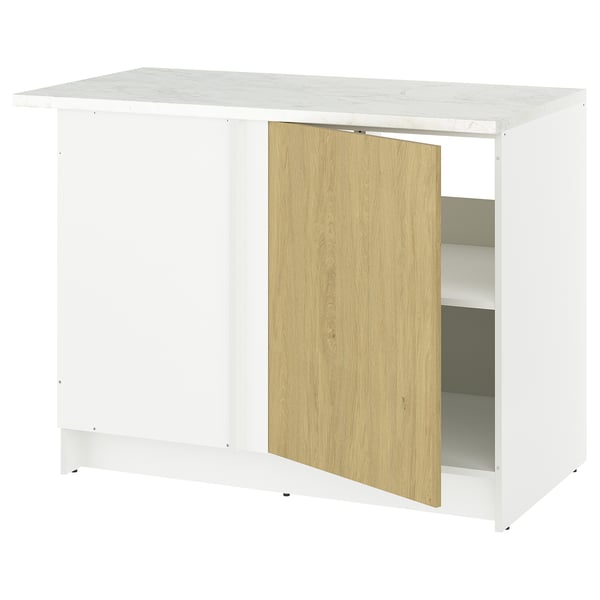 KNOXHULT white kitchen unit, marble top, oak doors, square, corner solution.