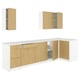 Modern l-shaped kitchen with oak and white marble accents. Includes base and wall cabinets, offering ample storage. Sleek design for easy navigation.