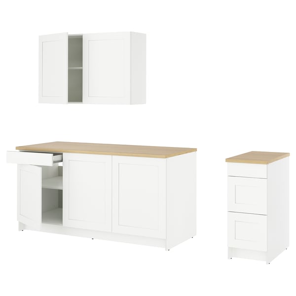 KNOXHULT white kitchen cabinets with oak countertop.