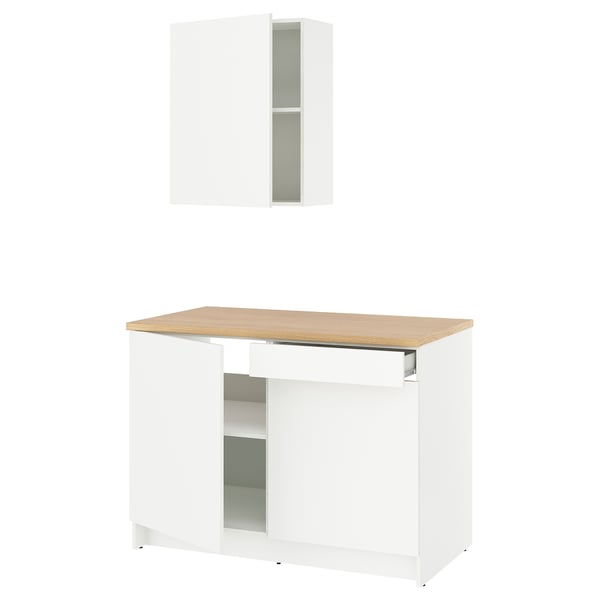 Moderne white kitchen cabinet set with oak top. Sleek, compact design with shelves, drawers.