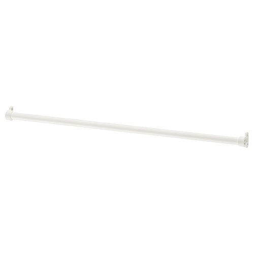 A white IKEA KOMPLEMENT clothes rail. Its sleek, long, and made of steel with an epoxy/polyester powder coating. Perfect for hanging clothes.