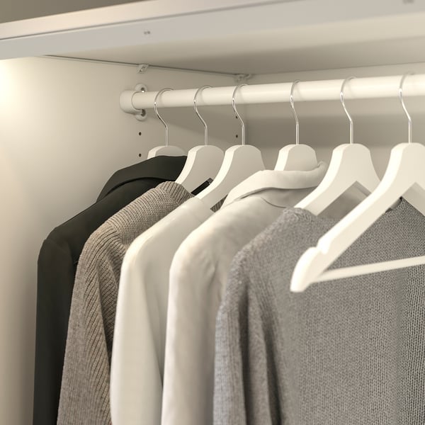White clothes rail, stores garments, prevents wrinkles, steel with epoxy coating, holds multiple hangers.