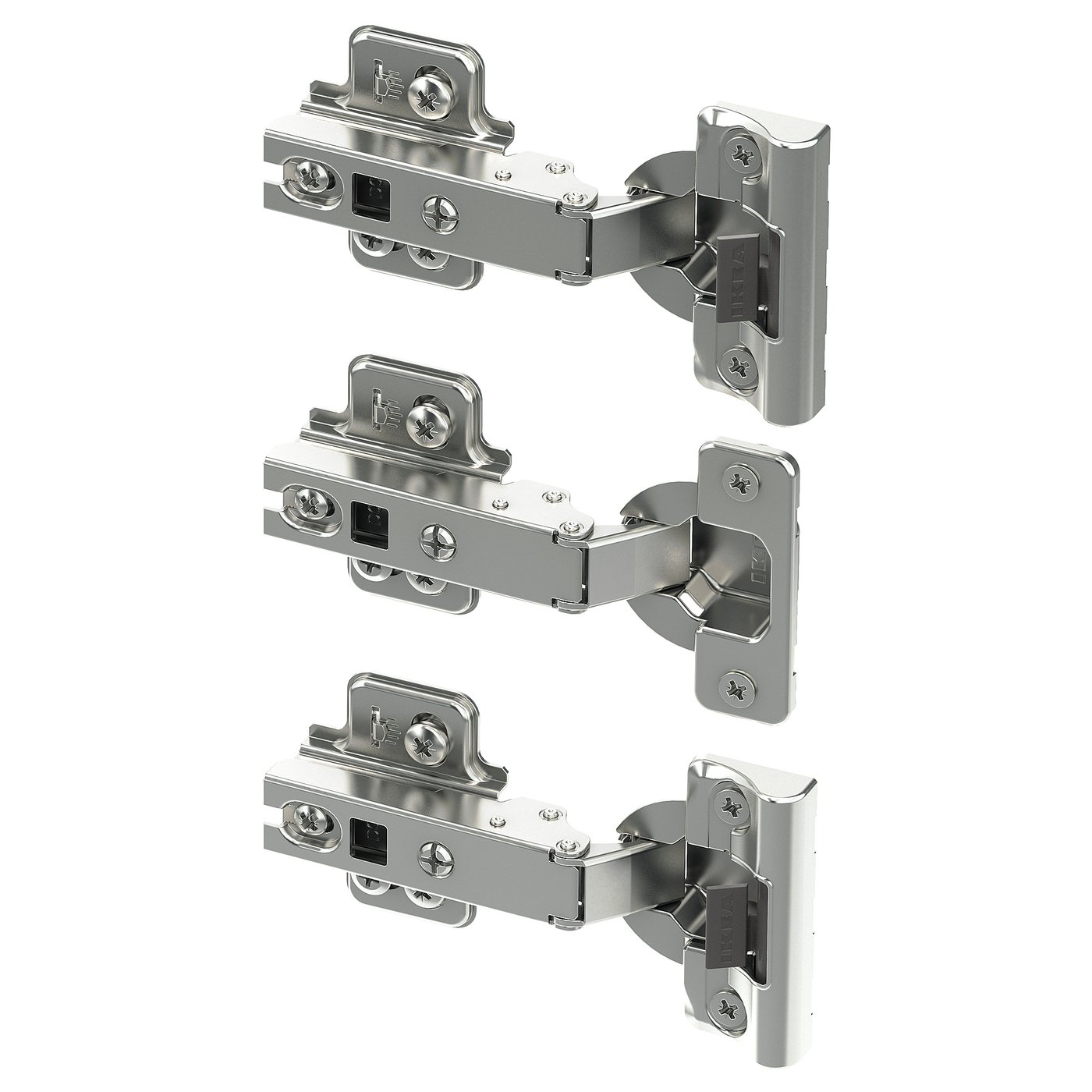 Three silver metal hinges with screws, designed for cabinet doors, shown in an organised manner.