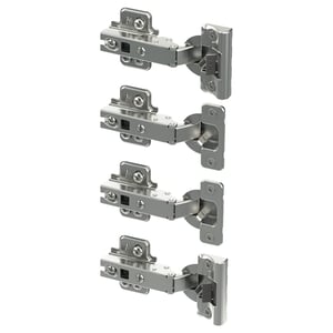 Four KOMPLEMENT metal hinges with nickel-plated steel in a vertical layout, featuring integrated dampers for slow closure.