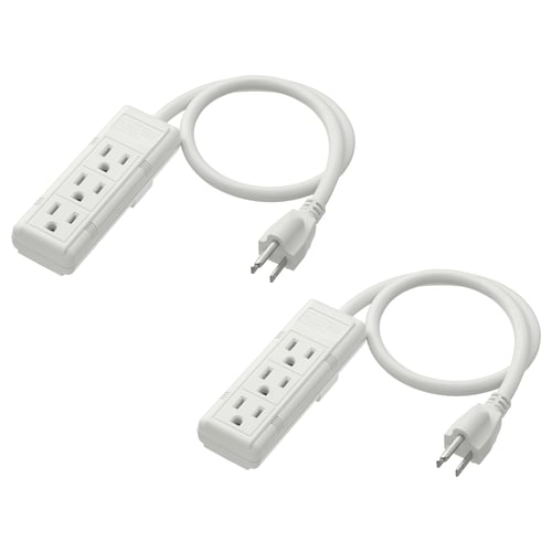 Image shows two white KOPPLA power strips with plugs, each having three outlets and 0. 5 metre long cables.