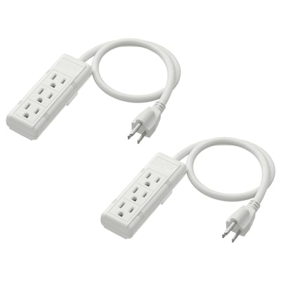 Image shows two white KOPPLA power strips with plugs, each having three outlets and 0. 5 metre long cables.