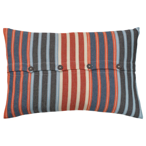 KORALLBUSKE cushion, striped dark blue/red, soft textured, rectangular with button closure.