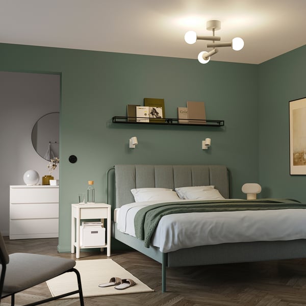 Modern bedroom with teal walls, large mirror, low bed, bedside table, & ceiling lamp.
