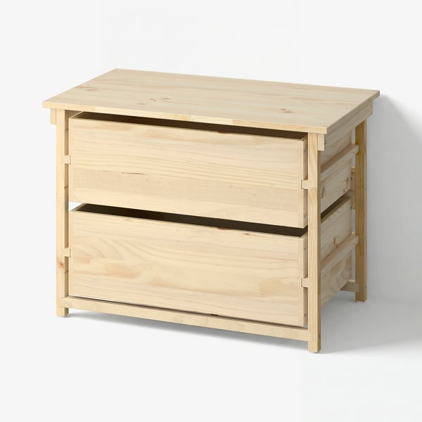 KRONÖREN chest, natural wood. Simple, scandinavian design, two drawers, solid pine, rectangular, natural finish.