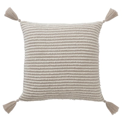 KRYPLJUNG pillow, natural striped covers, soft material, square shape, with tassels.