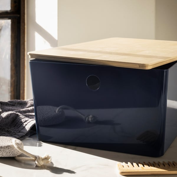 KUGGIS blue box with bamboo lid stores items neatly, fits in billy or bestå, sits with towels & comb.