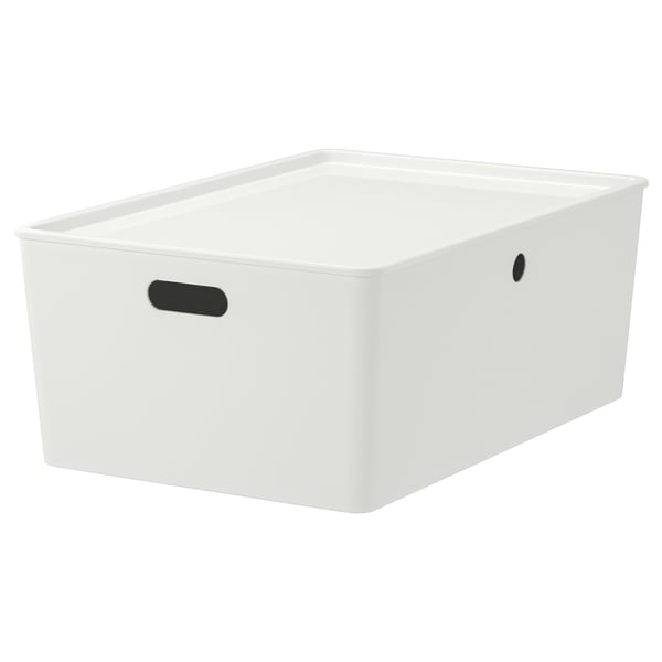 KUGGIS white storage box with black handles, rectangular, durable pet plastic, perfect for organising items.
