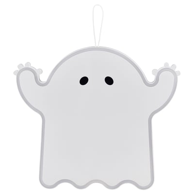 Depicts a small, white KUSTFYR ghost-shaped plastic decorator, featuring two black eyes, a loop at the top for hanging, and a wavy base.