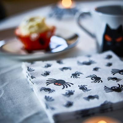 KUSTFYR Paper napkin, spider pattern white/black, 13x13 "