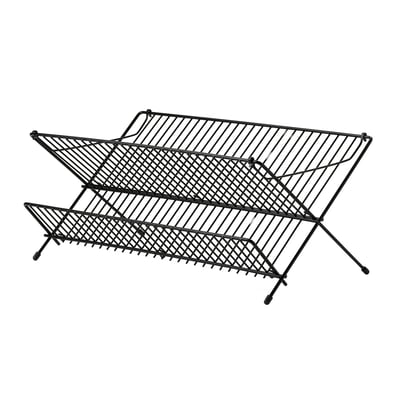 A black KVOT dish drainer, designed with two levels for drying dishes and glasses, foldable for space efficiency, crafted from steel with rubber feet.