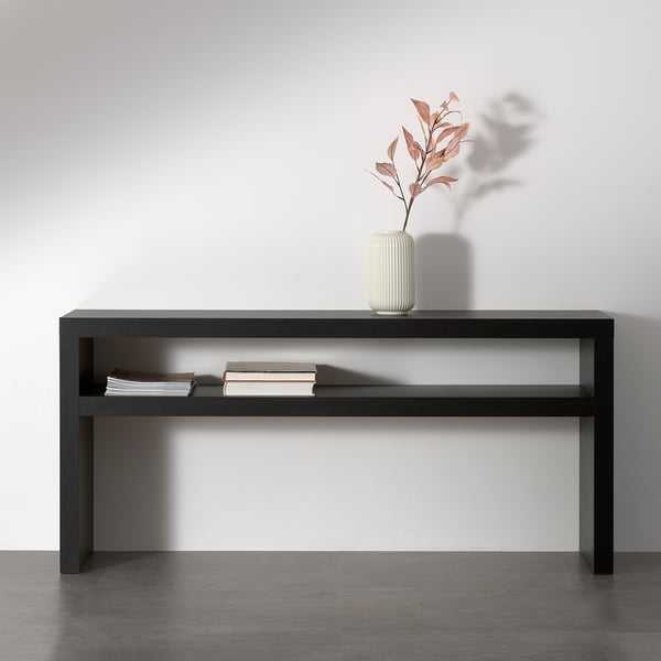 Modern bLACK console table with bottom shelf holding books, a white vase with dried stems on top.
