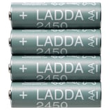 Four teal LADDA 2450 batteries stacked, pet plastic and steel.