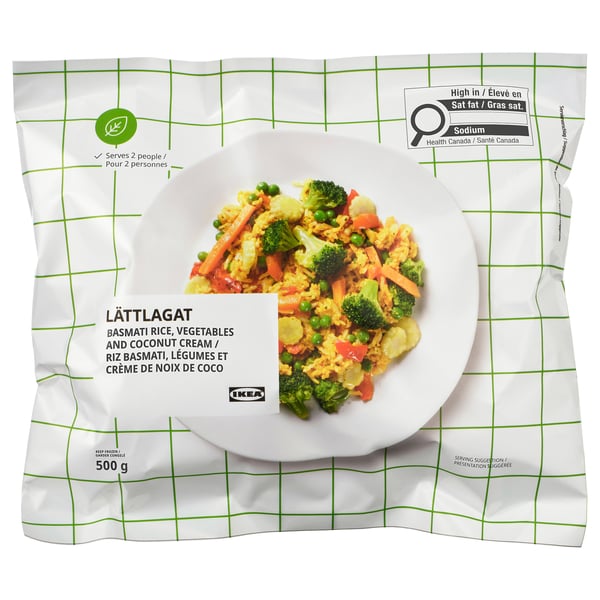Image shows a packaged meal named LÄTTLAGAT featuring basmati rice, vegetables, and coconut cream. Its a pre-prepared food item by IKEA.