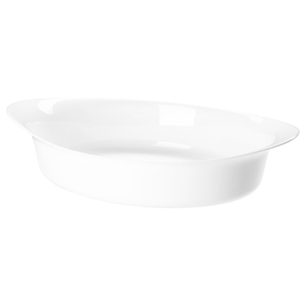 LÄTTVIKTIG: white, round, tempered glass serving dish. Suitable for oven, table, and dishwasher.
