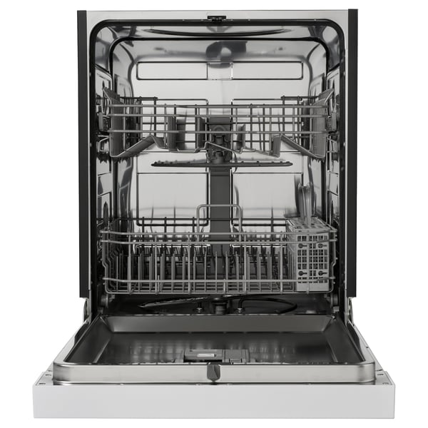 Stainless steel dishwasher with racks, open door, no items inside.