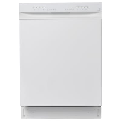 A white dishwasher with a control panel on top.