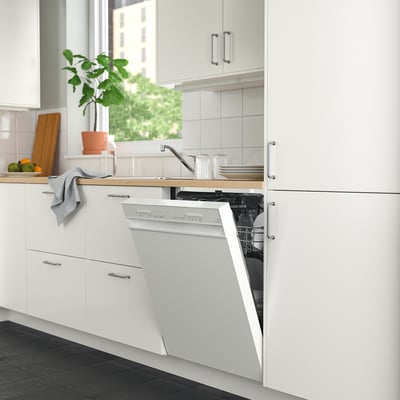 Partitions; white, dishwasher, control panel, green plant, window.