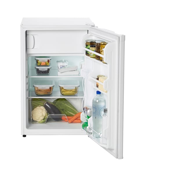 Open white fridge filled with food containers and bottles.