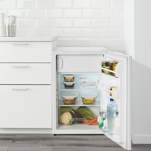 Open fridge with adjustable shelves, crisper, glass shelves, internal led light, and clear organisation.