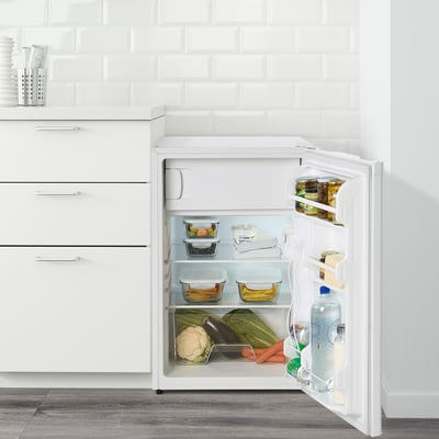 Open fridge with adjustable shelves, crisper, glass shelves, internal led light, and clear organisation.