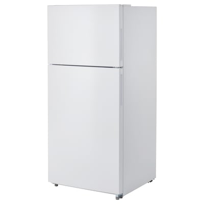 White freestanding refrigerator with led light, adjustable shelves, and no frost system.