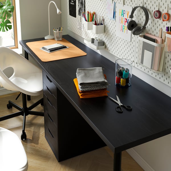 LAGKAPTEN / ALEX Desk, black-brown/black, 78 3/4x23 5/8 "