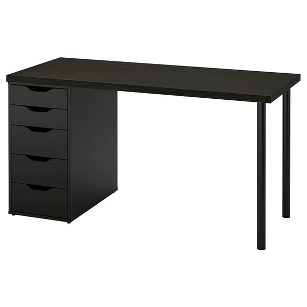 A sleek black LAGKAPTEN desk with a drawer unit, perfect for small spaces, featuring a honeycomb table top and cut-out handles.